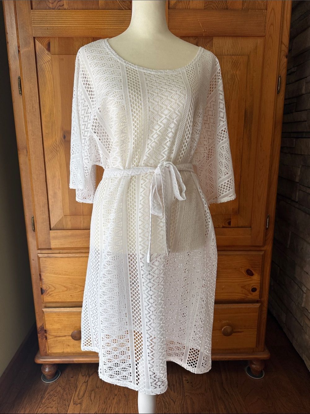 White lace Cover-Up Dress with Tie Waist